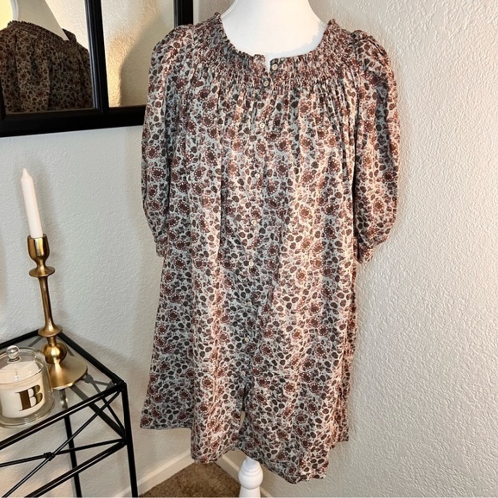INTIMATELY FREE PEOPLE Brown Floral Button Down‎ Tunic Dress Size Small